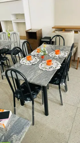 Mesa Sala De Jantar Tubular Com Encosto 6 Cadeiras Preto - Em Oferta 