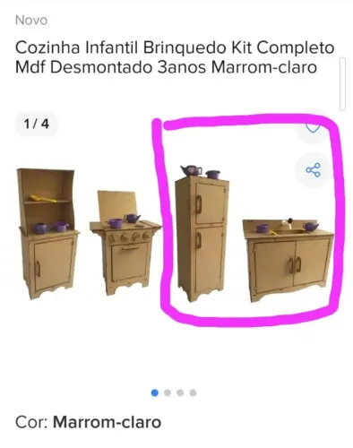 Cozinha infantil brinquedo somente geladeira e pia em MDF desmontado 3 anos Marrom-claro