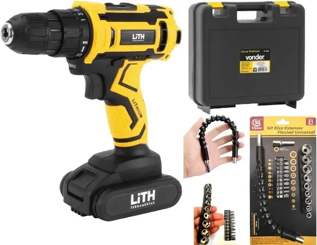 Conjunto de Parafusadeira Furadeira Profissional 18V + Maleta Vonder + Kit Extensor 21pcs