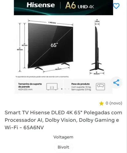Smart TV LG  65? QNED  4K com Dolby AI e Wi-Fi -Mod:2026