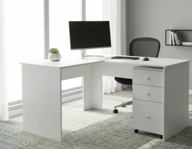 Mesa L com gaveteiro em mdf