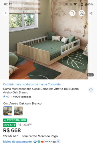 Cama Monteseriana Affetto Medidas:Altura 36cm x Largura 144,9cm x Profundidade 194cm 