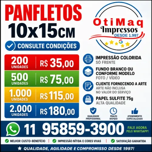 Panfletos 10x15 cm nas Quantidades 200, 500, 1.0000 e 2.000  unidades