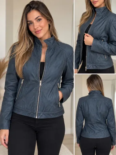 Jaqueta de Couro Feminina Azul Acinzentada