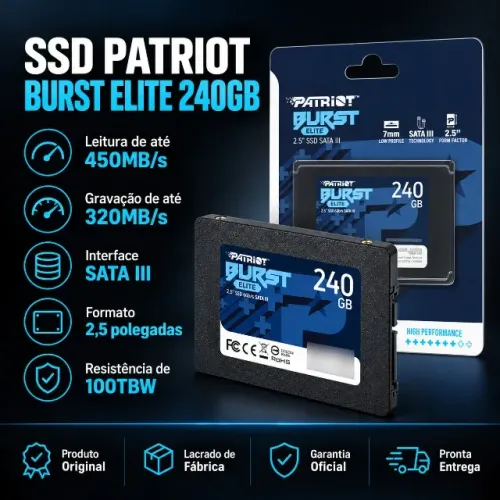 SSD Patriot 240GB Burst Elite Leitura 450MB/s para PC