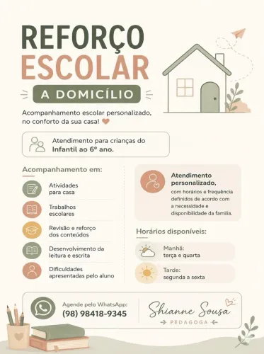 REFORÇO ESCOLAR A DOMICÍLIO - INFANTIL AO 6° ANO