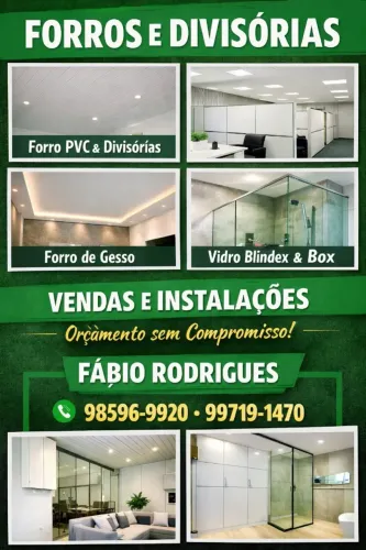 Instalação de forros, divisórias, blindex e pisos.