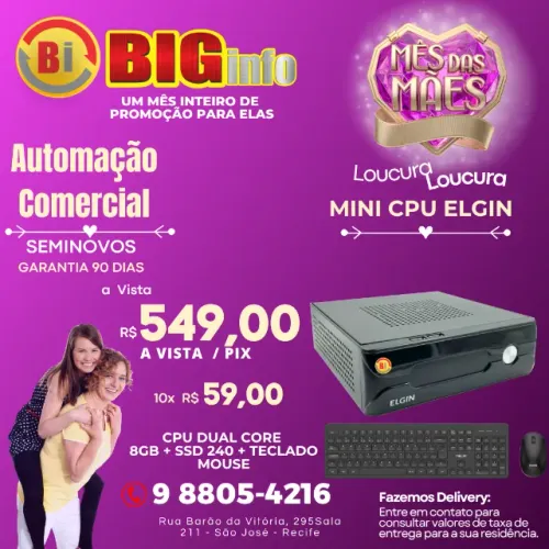 Mini PC CPU Elgin E3-NANO 1.10GHz, 8GB de RAM, SSD de 120 GB e Wi-Fi. PDV