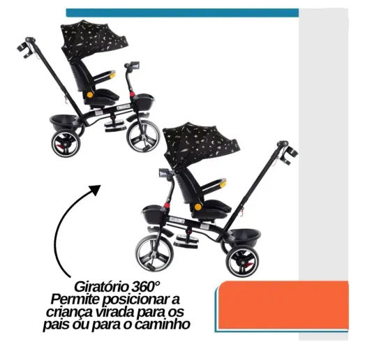 Triciclo Infantil Empurrador 2 Em 1 Carrinho De Passeio 50kg Preto Luxo