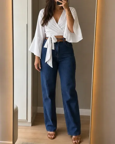 Blusa Cropped Branca Transpassada com Mangas Flare - Tam. Único P ao G