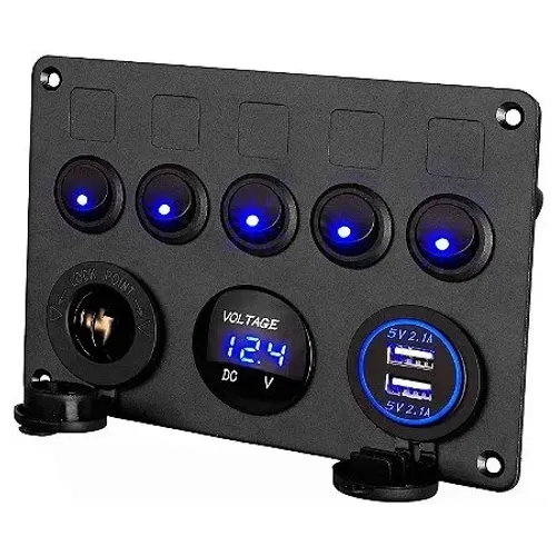Painel De Interruptores 5 Botões 12v/24v Voltímetro E USB Náutico E Automotivo