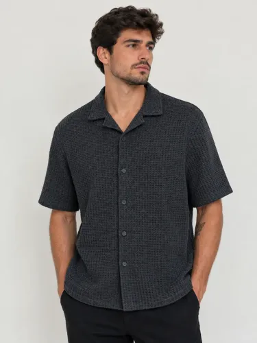 camisa h&m texturizada waffle cinza m - masculina