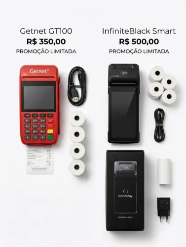 Maquininhas de cartão seminovas sem aluguel! Kits com carregador e bobinas.