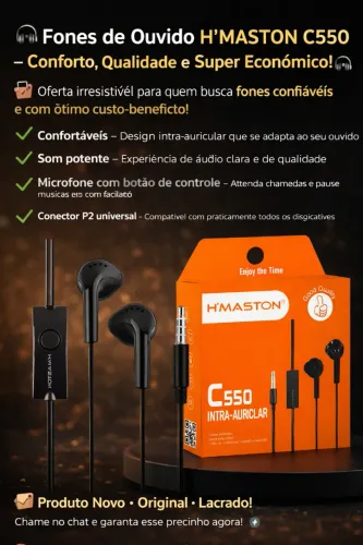 Promoção do dia Fone de ouvido com Fio e Microfone H'maston C550 para celular entrada