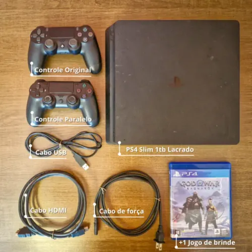 PS4 - Slim 1Tb de Memória Perfeito estado + 2 controles + cabos e 1 jogo - Playstation 4