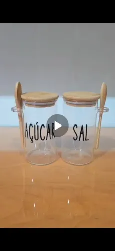 Kit Pote de Vidro Hermético com tampa de bambu - Açúcar e Sal - Acompanha Colher de Bambu