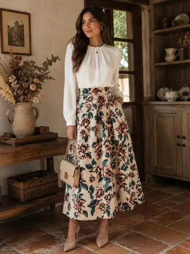 Saia longa de festa off white floral 