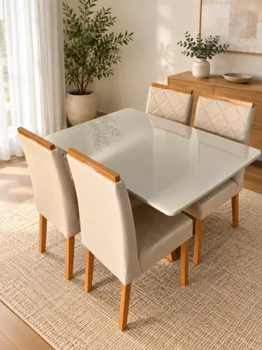 Mesa de Jantar 1,20 com Vidro e 4 Cadeiras de Madeira NOVA