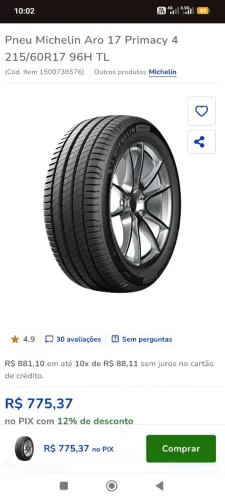 Vendo jogo com 4 pneus Michelin Primacy Aro 17