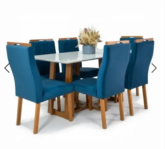 Conjunto de Jantar Orion Madeira com 6 Cadeiras em Veludo Azul