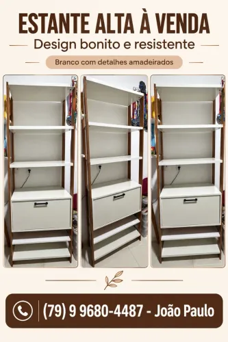 Estante de livros alta e nova - Branca com detalhes amadeirados