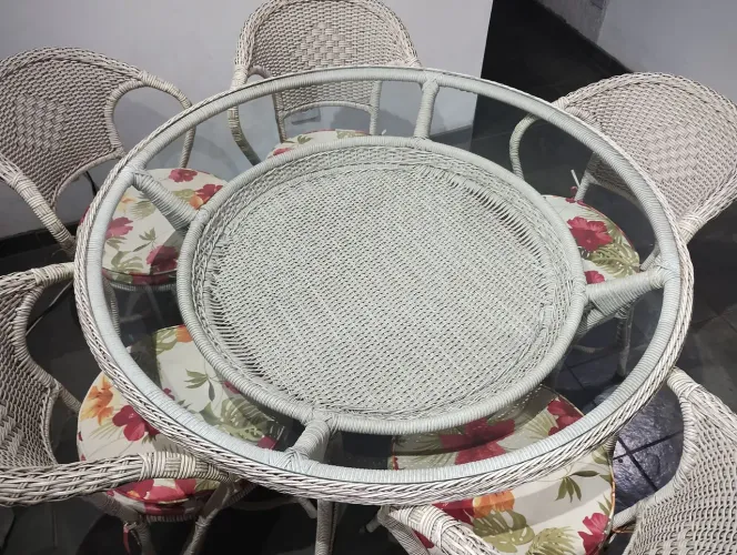 Conjunto mesa cadeiras junco sintético vime alumínio anodizado a prova d'água 