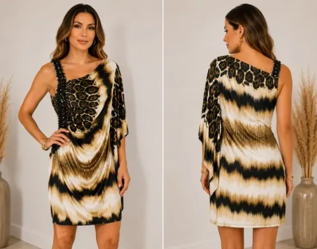 Vestido curto animal print com detalhe em lantejoulas tam 38
