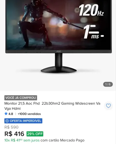 Monitor AOC 21,5 pol Gamer Full HD