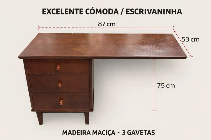 CÔMODA / ESCRIVANINHA MADEIRA MACIÇA 3 GAVETAS