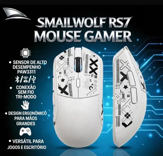 Mouse RS7 Sensor PAW3311 Tri-Mode (2.4G/BT/Cabo) SMAILWOLF Branco