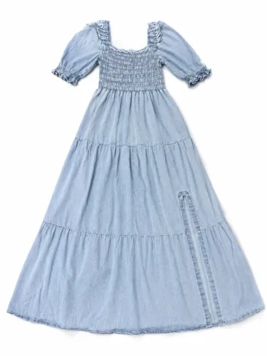 Vestido Longo Jeans com Lastex e Fenda Lateral - Conforto e Elegância