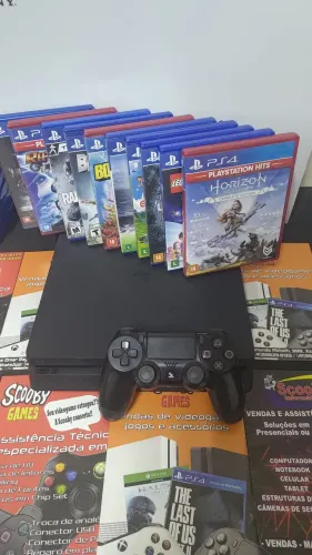 PS4 SLIM, 1 CONTROLE,10 JOGOS MÍDIA FÍSICA, GARANTIA 1 ANO, LOJA
