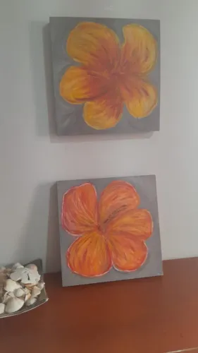 Par Quadros Decorativos Flores Hibisco Relevo Tela 40x40cm Vintage