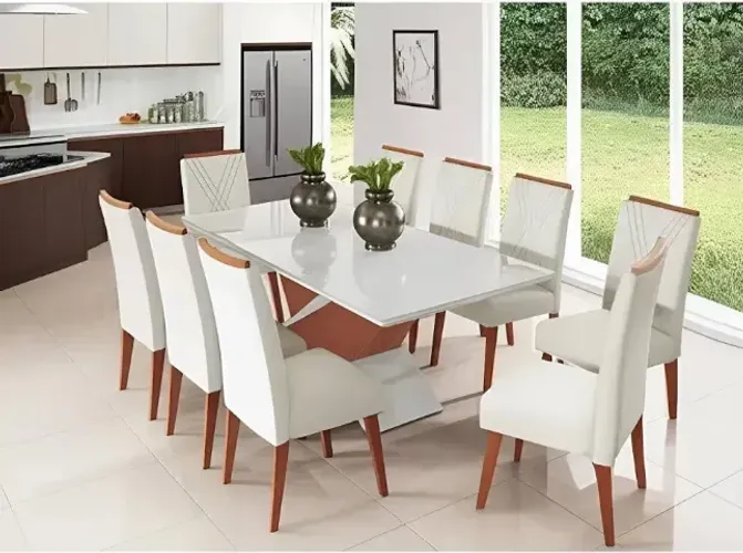 Mesa de Jantar Sofisticada com 8 Cadeiras e Tampo de Vidro