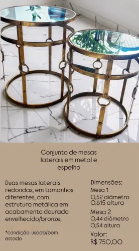 Conjunto de mesas laterais em metal e espelho