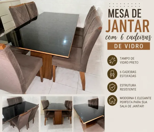 Mesa de Jantar com 6 Cadeiras - Vidro Preto