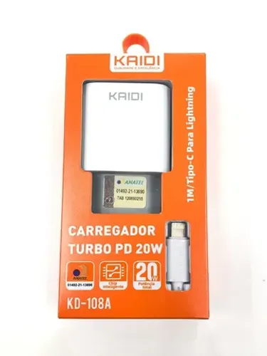 Carregador E Cabo 20w 3.0A Tipo-c Para iPhone Kd-108a Kaidi Novo na Caixa