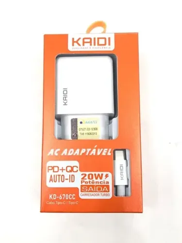 Carregador De Tomada Turbo Usb-C Para Tipo C 3.0 Kaidi Kd-670cc Novo na Caixa