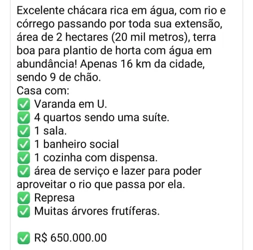 Chácara rica em água com 2 hectares, 16km da cidade!