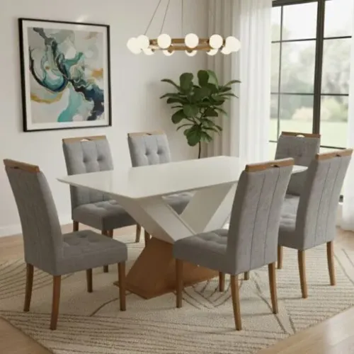 Mesa Amora BA35 160 Canela/Off White com 6 Cadeiras Sophia Linho Cinza Grafite 202 - KAPPE