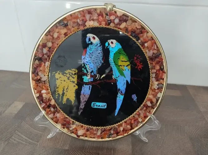 Quadro Papagaios Parrots com Pedras Lembrança do Brasil 20 cm