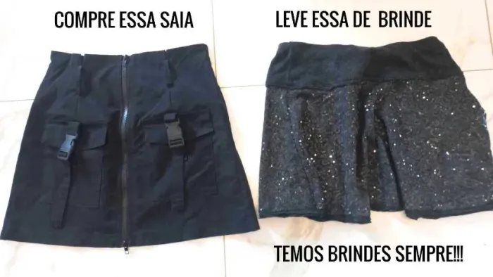 Saia Linda Zipper Frontal Preta Veste P e M Leve de Brinde Mini Saia Bordada