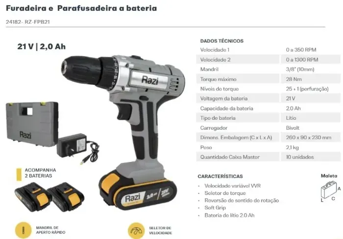 PARAFUSADEIRA RAZI C/IMPACTO C/2BAT 21V E MALETA