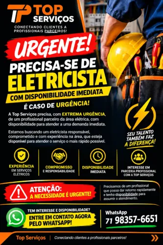 URGENTE! PRECISA-SE DE ELETRICISTA COM DISPONIBILIDADE IMEDIATA