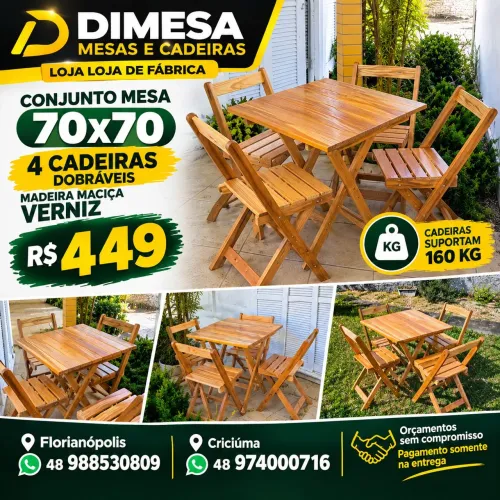 Jogo mesa 70x70 com 4 cadeiras dobráveis madeira maciça verniz