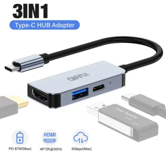 Hub Adaptador 3 em 1 USB-C para HDMI 4K, USB 3.0 e USB-C PD 87W