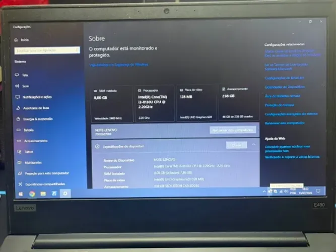 Lenovo ThinkPad E480 14' Core i3 8ª geração 8GB de memória e 240GB SSD NVME