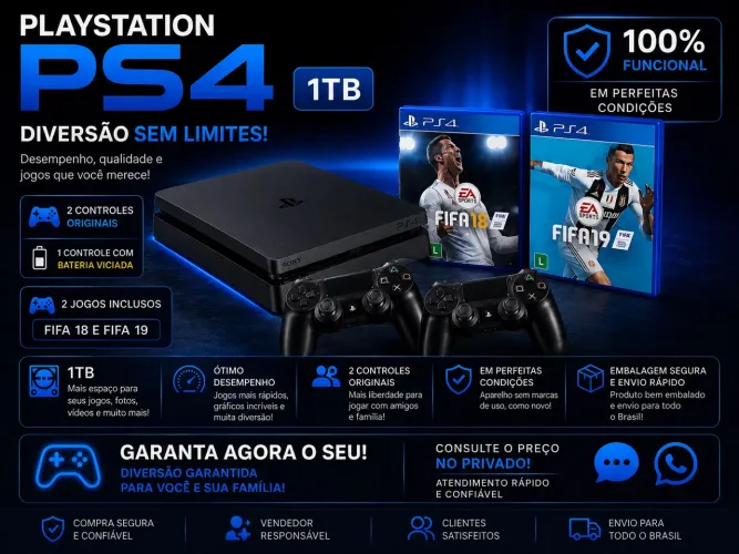 ? PS4 Slim 1TB + 2 Controles + FIFA 18 e 19 | Pronto para Jogar!
