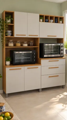 >NOVO< Armário de Cozinha Off-White e Amadeirado com Nichos