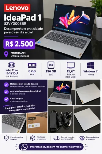 Notebook Lenovo IdeaPad 1 i3 12ª Geração | 8GB | SSD 256GB